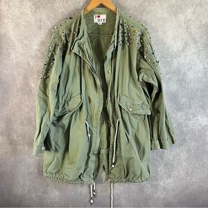 I Love DIY Utility Jacket Women M Olive Green Custom Rhinestone Fishtail Parka
